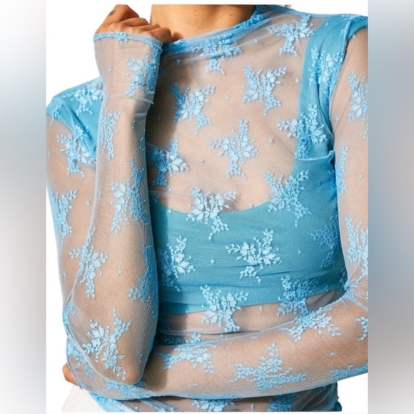 Free People Intimately Lady Lux Sheer Blue Lace Layering Top, NWOT, Women’s XS - Picture 2 of 8